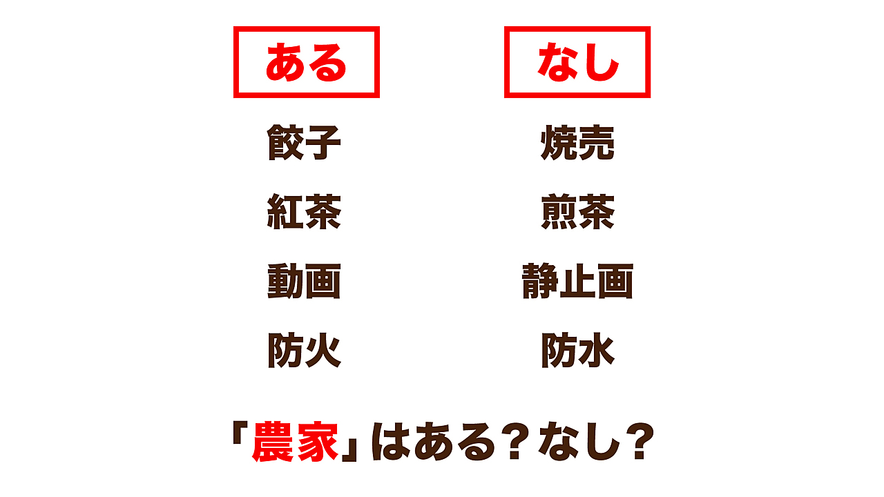 【あるなしクイズ】“餃子”にあって“焼売”にないとき、“農家”はある？なし？正解は...