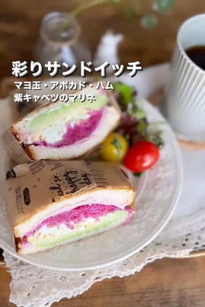 彩りサンド＊マヨ玉・ハム・アボカド・紫キャベツ