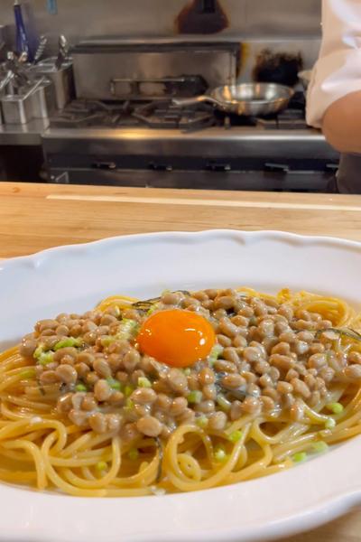 納豆をふわふわにして食べるスパゲッティー