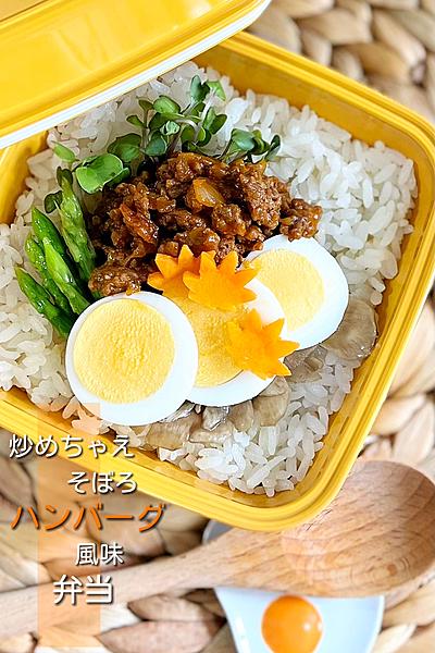簡単！炒めちゃえそぼろハンバーグ風味弁当
