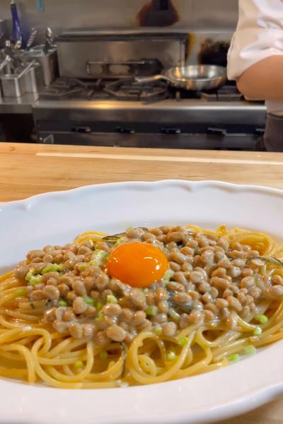 納豆をふわふわにして食べるスパゲッティー