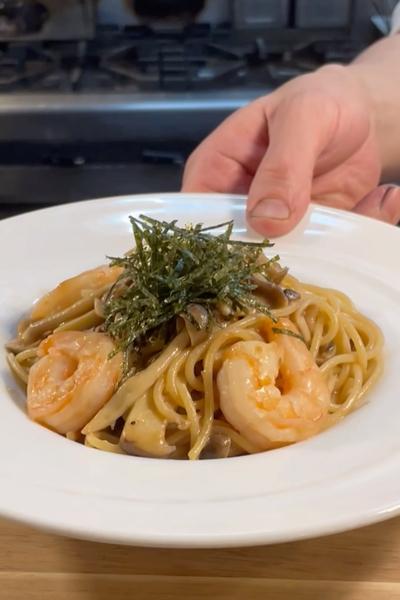 『海老とキノコの和風スパゲッティー』