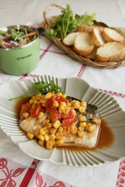 ＼大同電鍋レシピ／塩さばのガリトマコーン煮