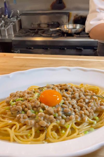 納豆をふわふわにして食べるスパゲッティー