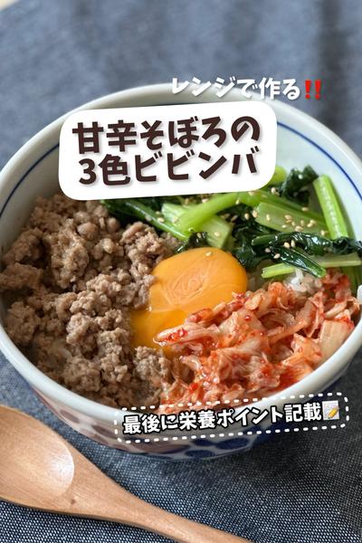 【レンジで作る】甘辛そぼろの3色ビビンバ