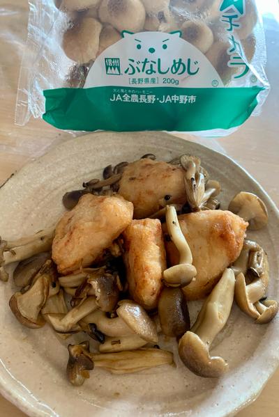 ぶなしめじと唐揚げのにんにく醤油炒め
