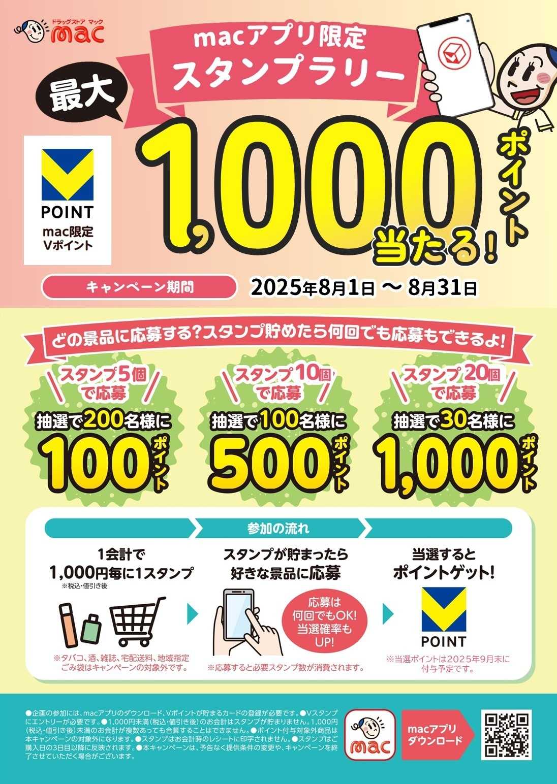 ドラッグストアmac アプリでスタンプラリーに参加しよう！最大1000ポイント当たるチャンス！