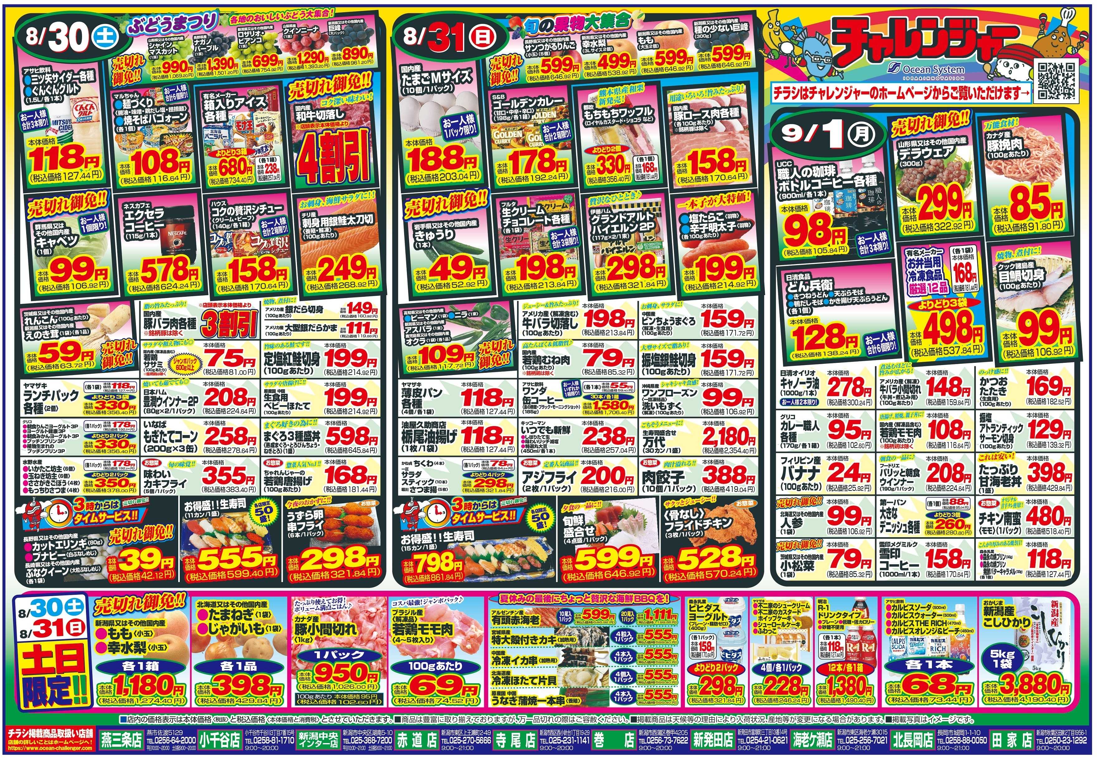 チャレンジャー 8月30日～9月1日　日替りお買い得情報！