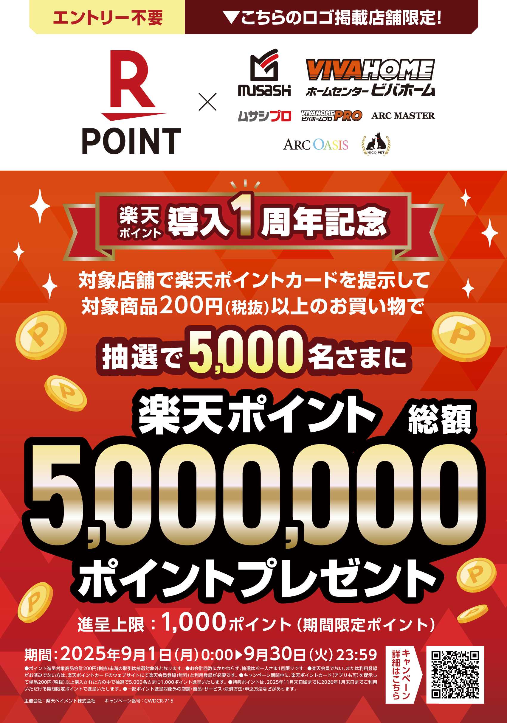 ビバホーム アークランズ楽天ポイント導入1周年記念！ 抽選で5,000名さまに総額5,000,000ポイントプレゼント！