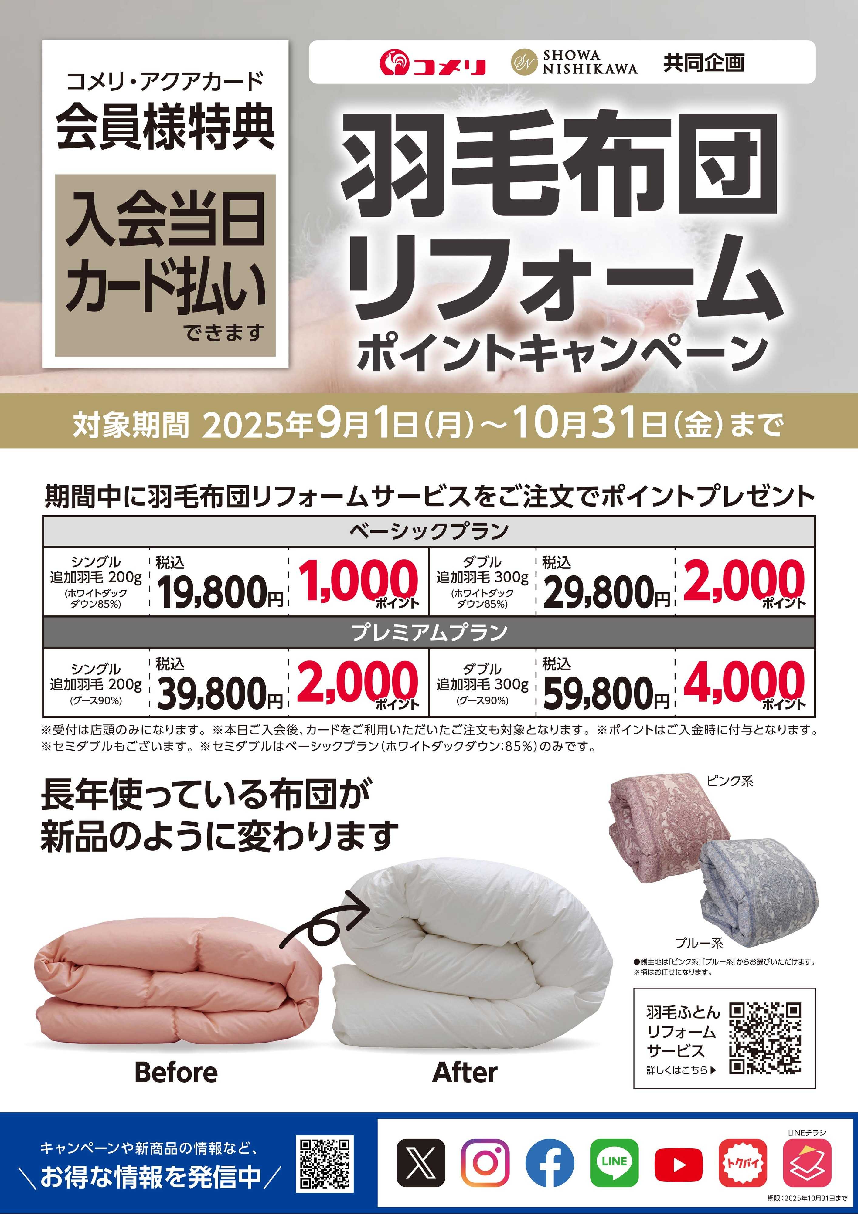 コメリハード＆グリーン 昭和西川 羽毛布団リフォーム ポイントキャンペーン