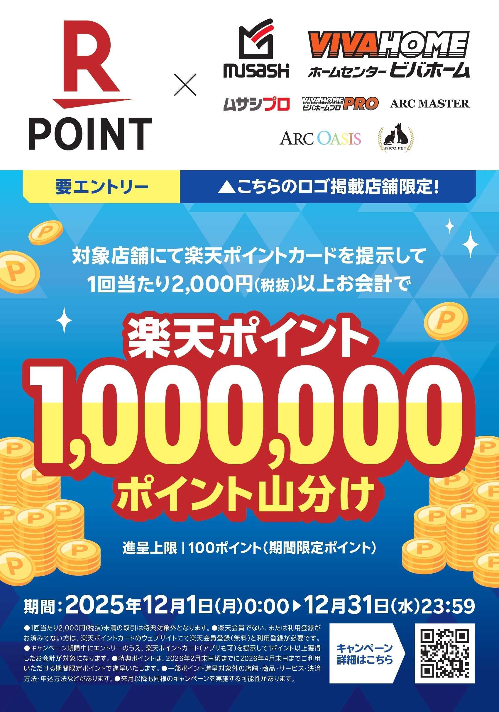 ビバホーム 【楽天ポイントカード】100万ポイント山分けキャンペーン（2025/12/1～2025/12/31）