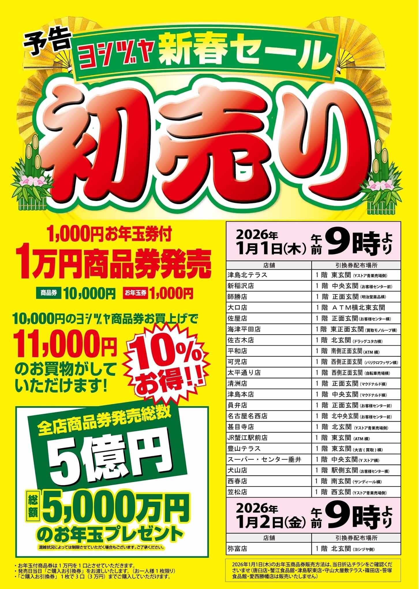 ヨシヅヤ 2026年 新春初売り　お年玉付き商品券販売