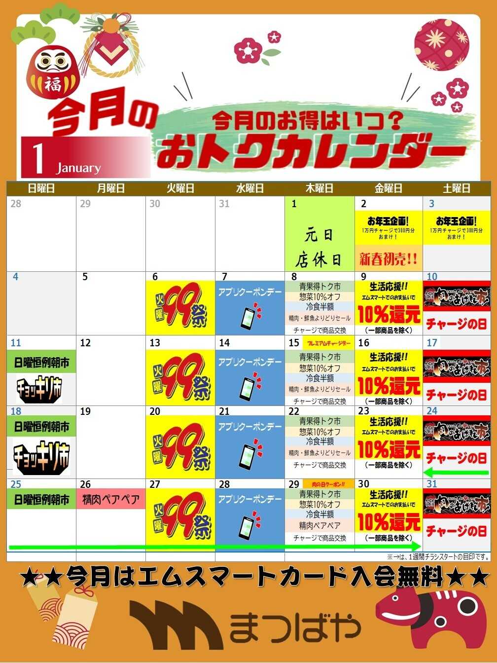 まつばや 1月度　おトクカレンダー
