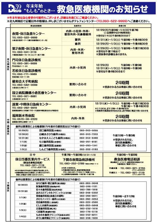 サンキュードラッグ 【年末年始】救急医療機関のお知らせ