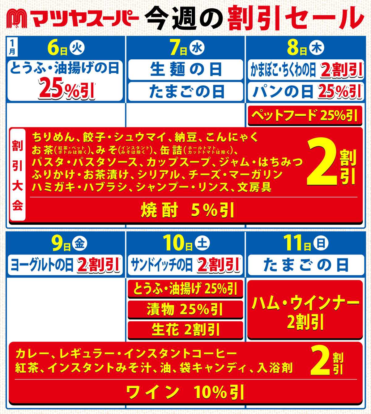 マツヤスーパー 1/6-11の割引セール