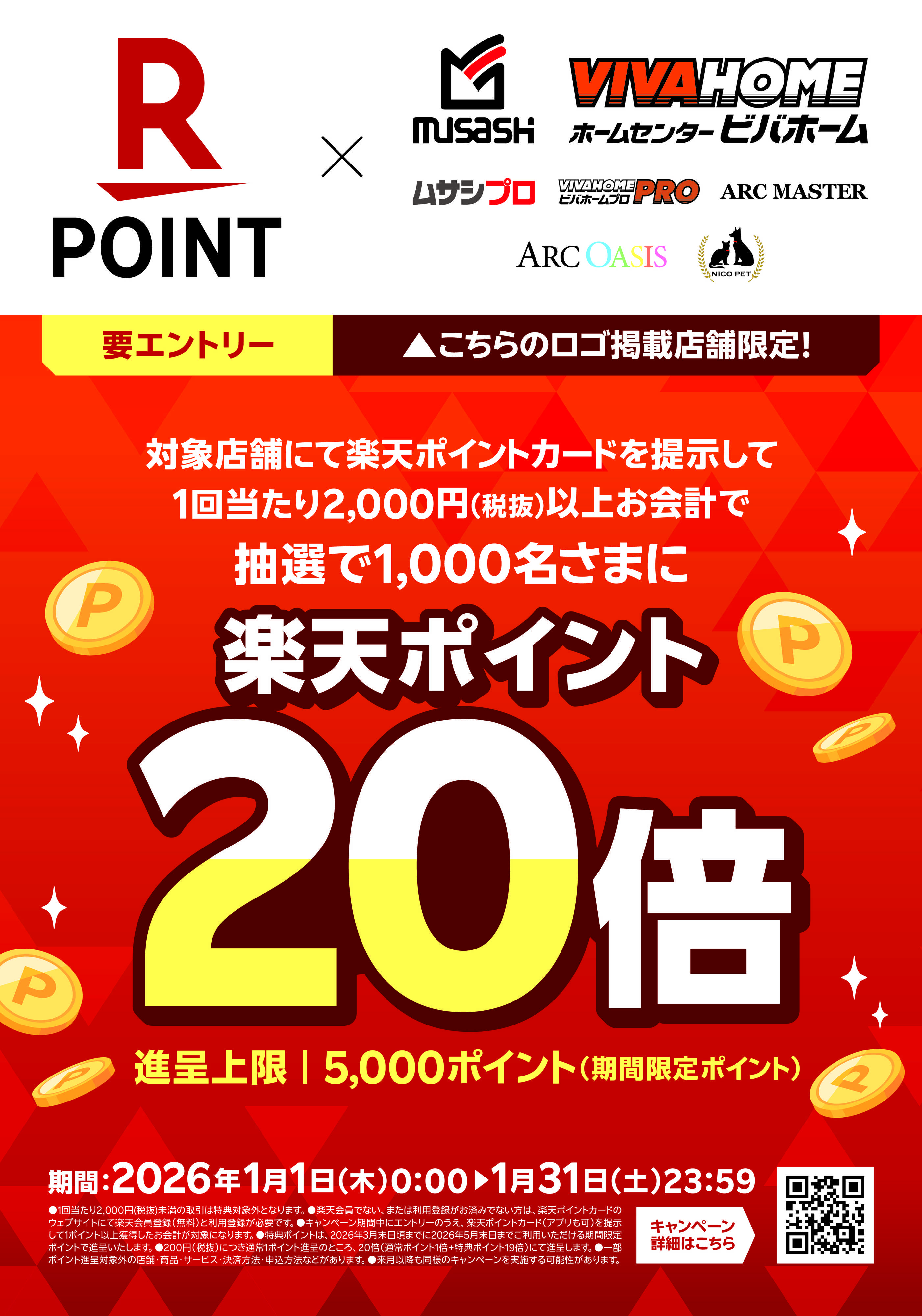 ビバホーム 【楽天ポイントカード】≪進呈上限5,000ポイント≫ポイント20倍キャンペーン（2026/1/1～2026/1/31）