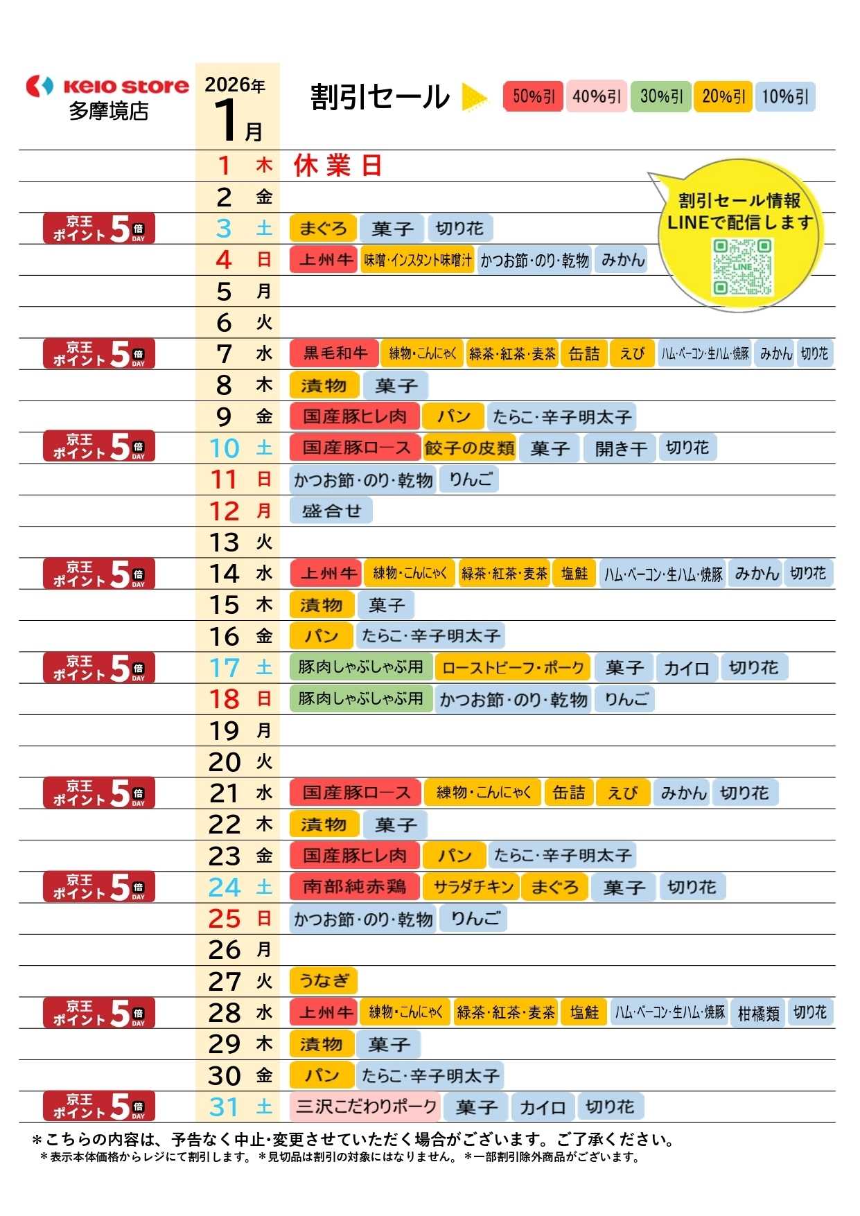 京王ストア ●1月お買得カレンダー●