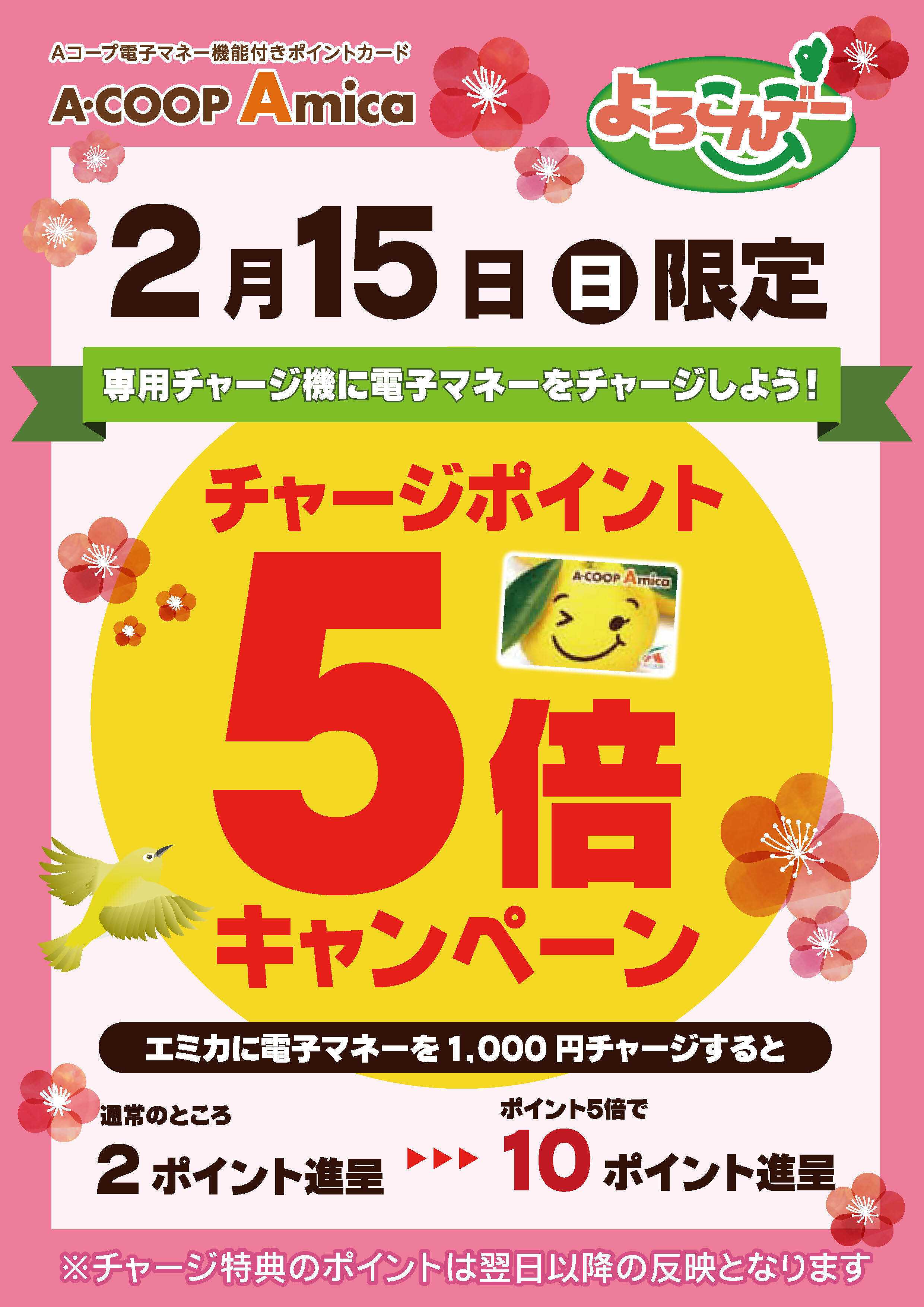 Aコープ 2/15　チャージポイント5倍！