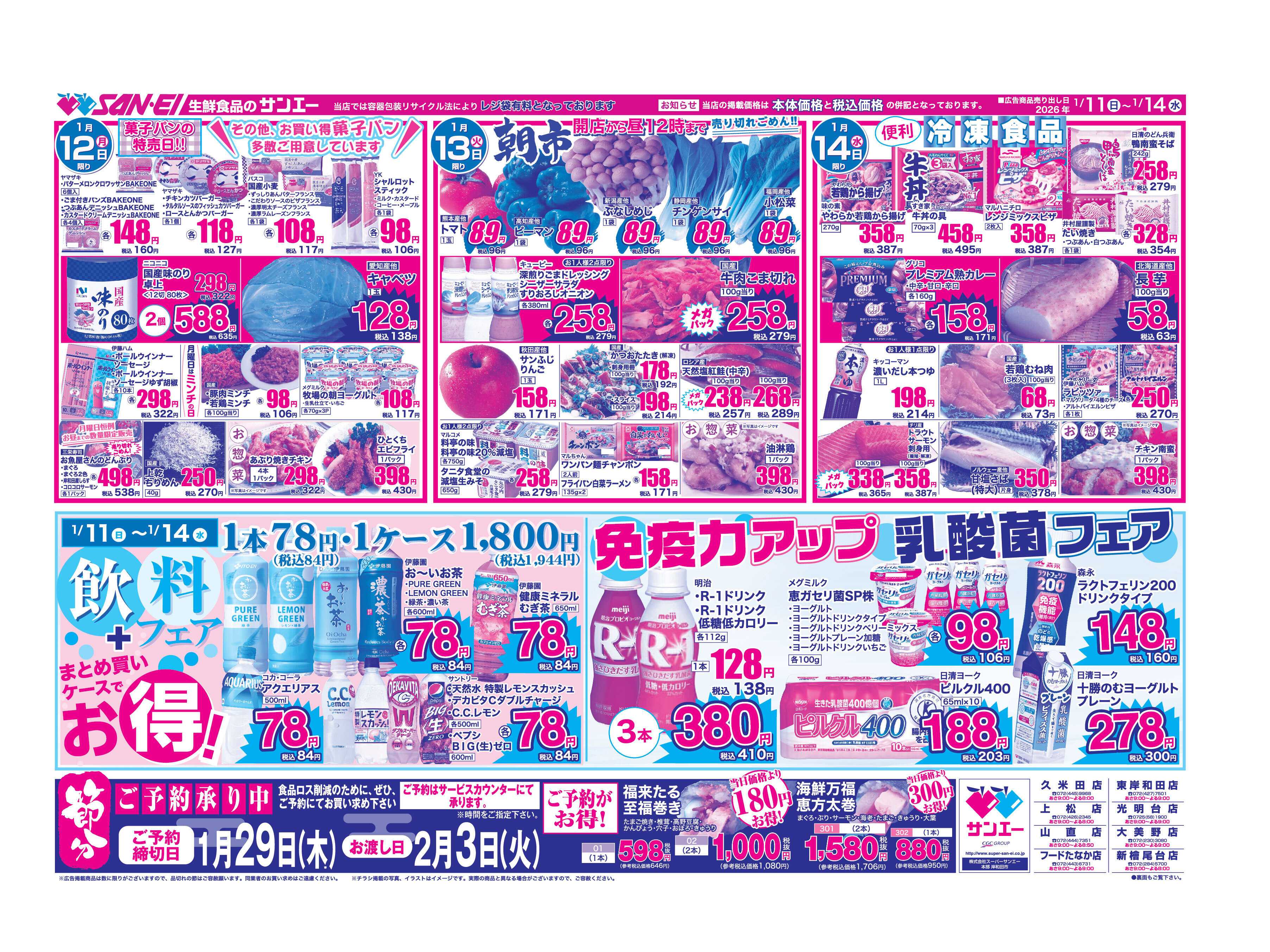 スーパーサンエー 1/11〜14号チラシ　飲料フェア　免疫力アップ乳酸菌フェア