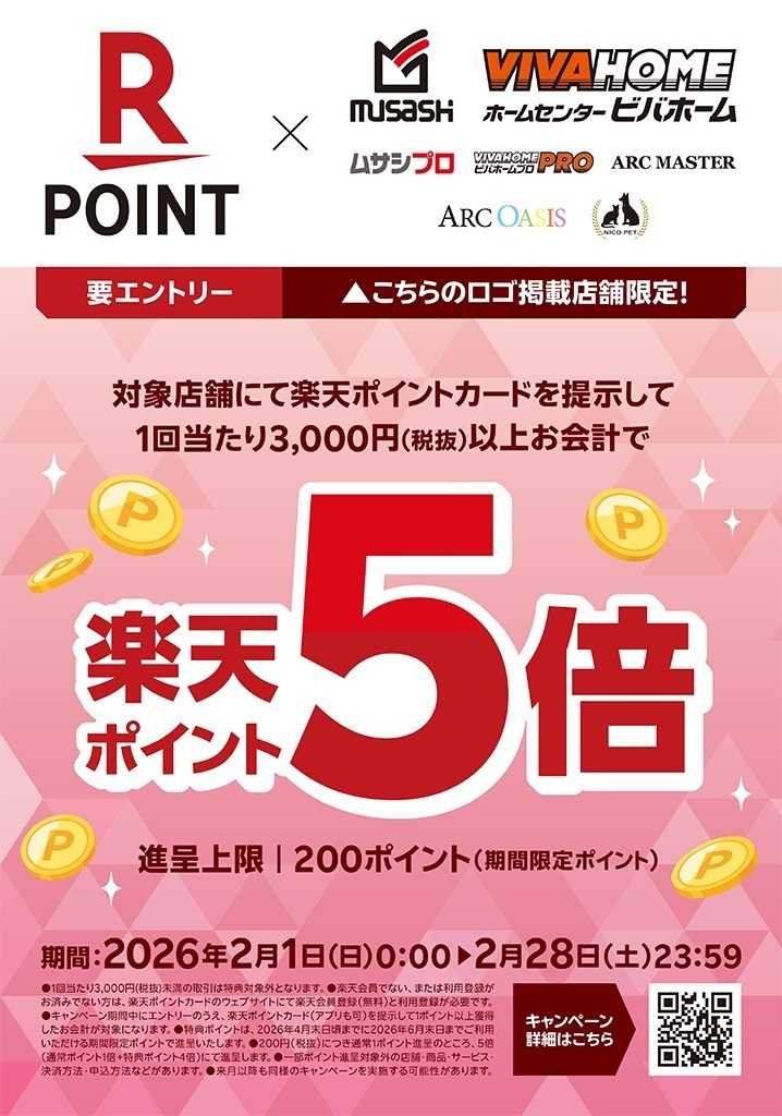 スーパービバホーム 【楽天ポイントカード】≪進呈上限200ポイント≫ポイント5倍キャンペーン（2026/2/1～2026/2/28）