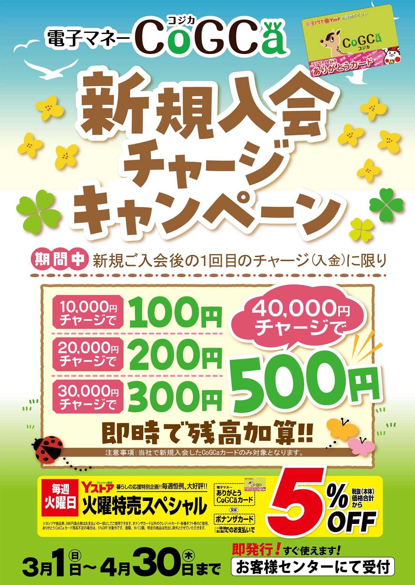 ヨシヅヤ 電子マネー CoGCa新規入会 チャージ キャンペーン