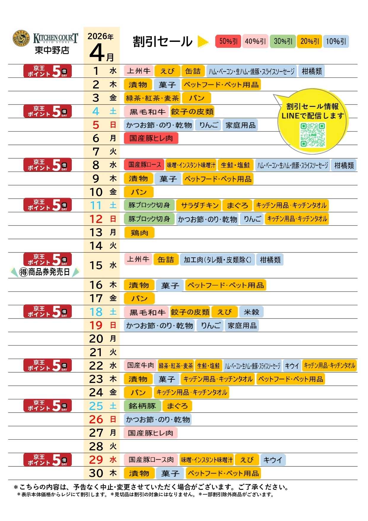 キッチンコート ●4月店頭催事カレンダー●