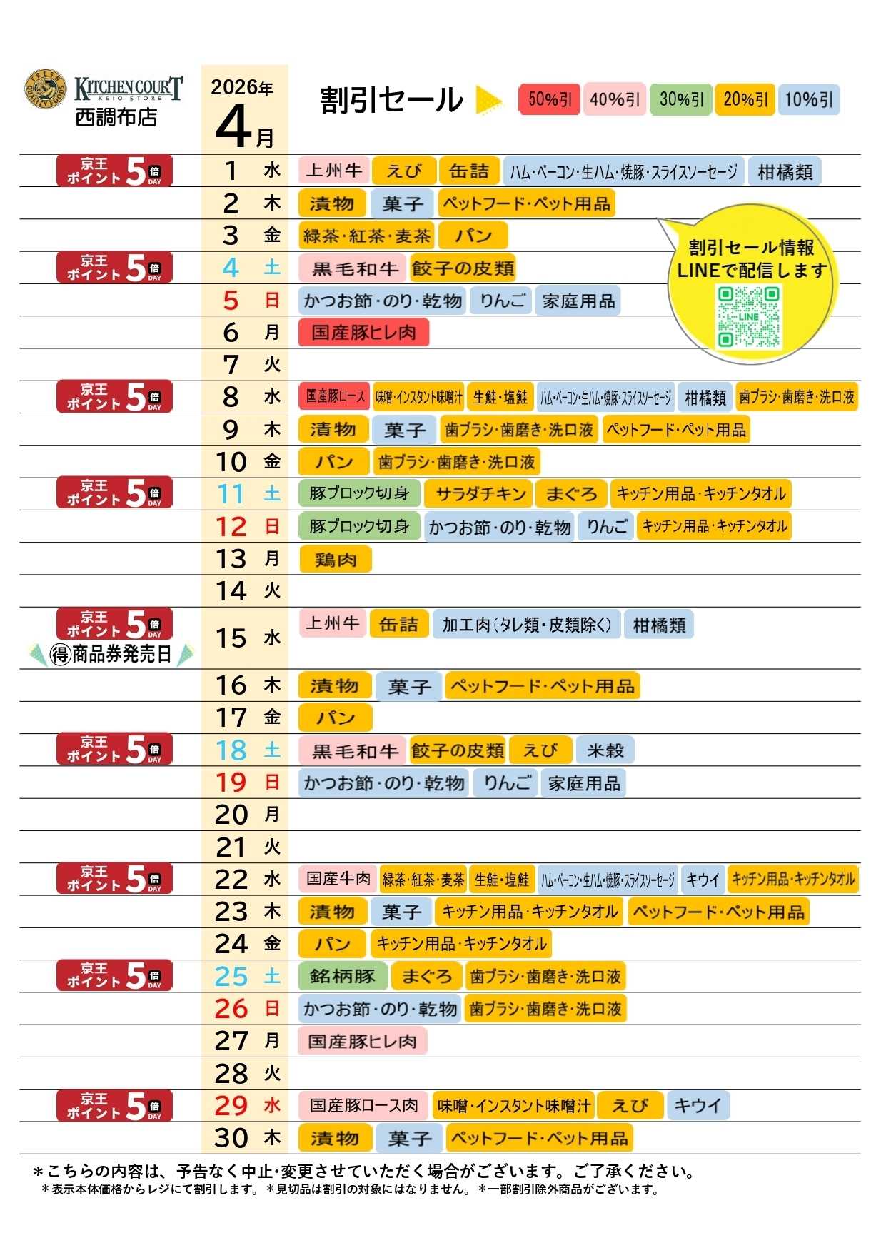 キッチンコート ●4月店頭催事カレンダー●