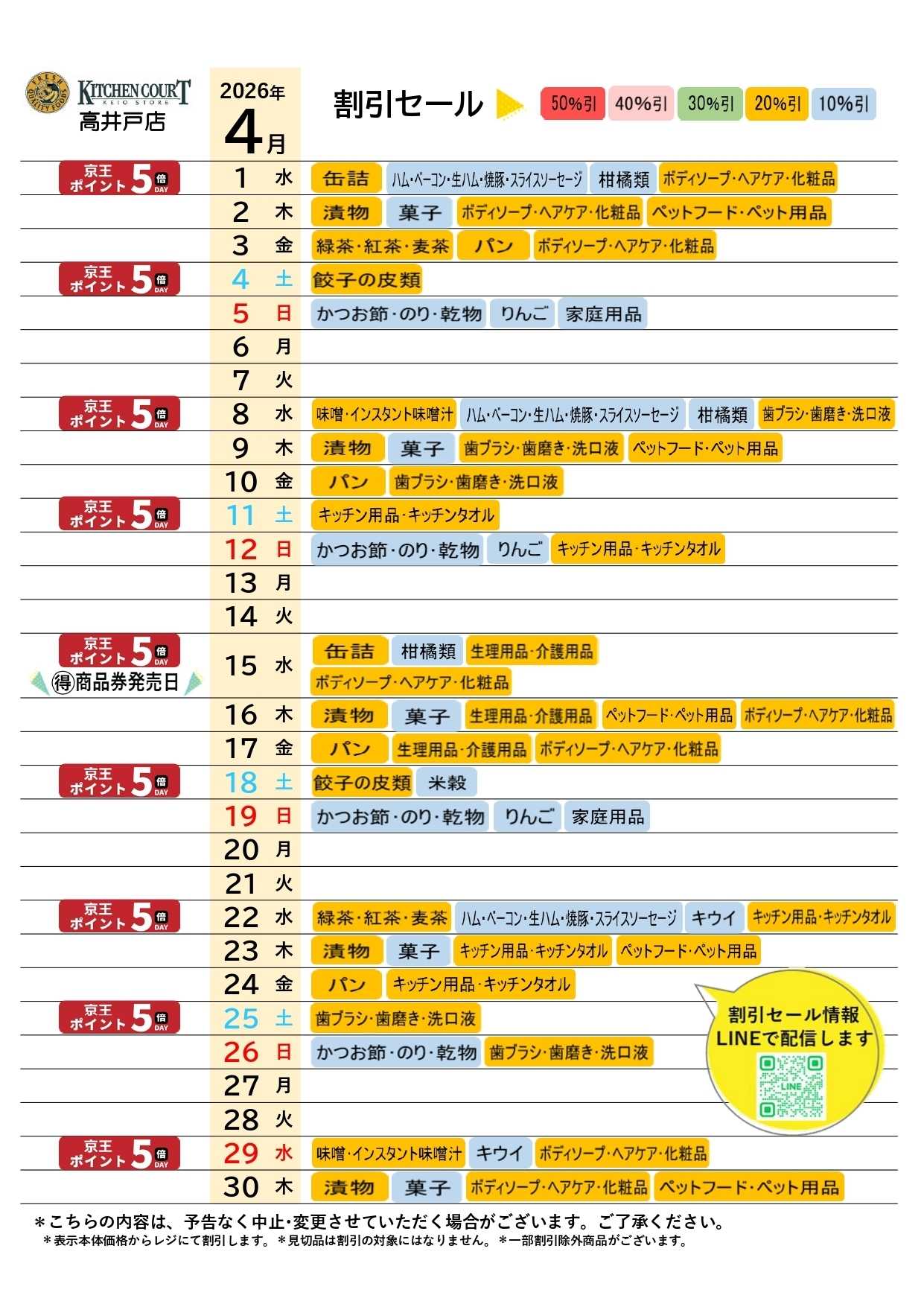 キッチンコート ●4月店頭催事カレンダー●