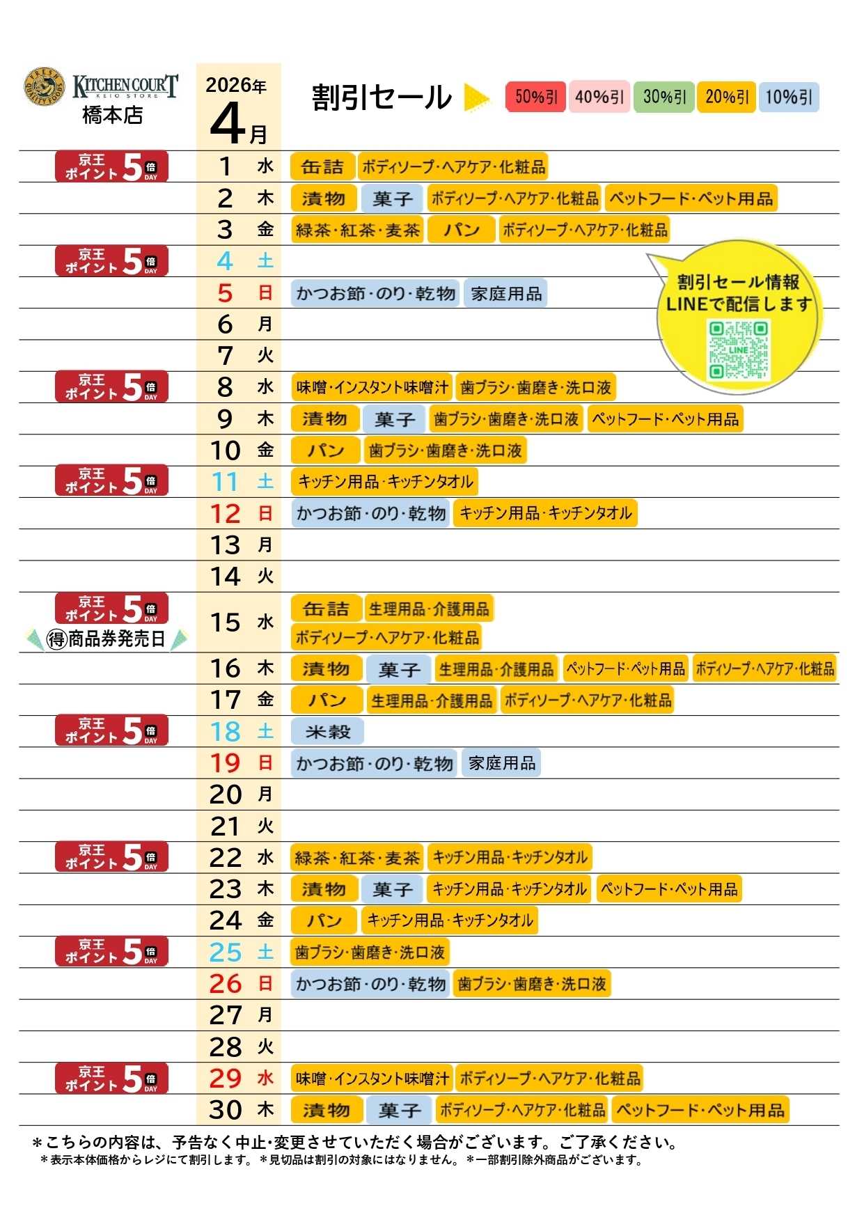 キッチンコート ●4月店頭催事カレンダー●