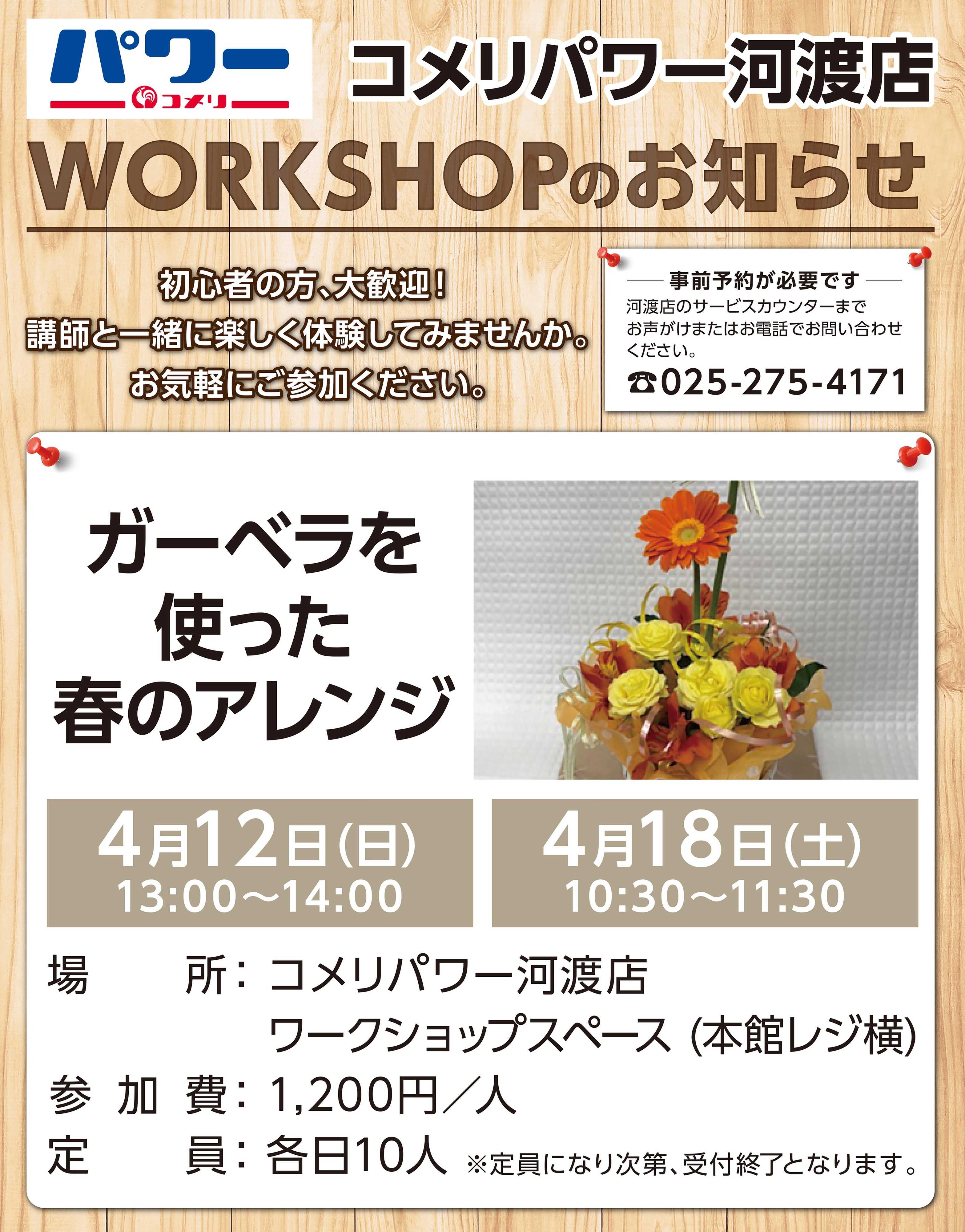 コメリハード＆グリーン 〈コメリパワー河渡店〉ワークショップのお知らせ～4月ガーベラを使った春のアレンジ～