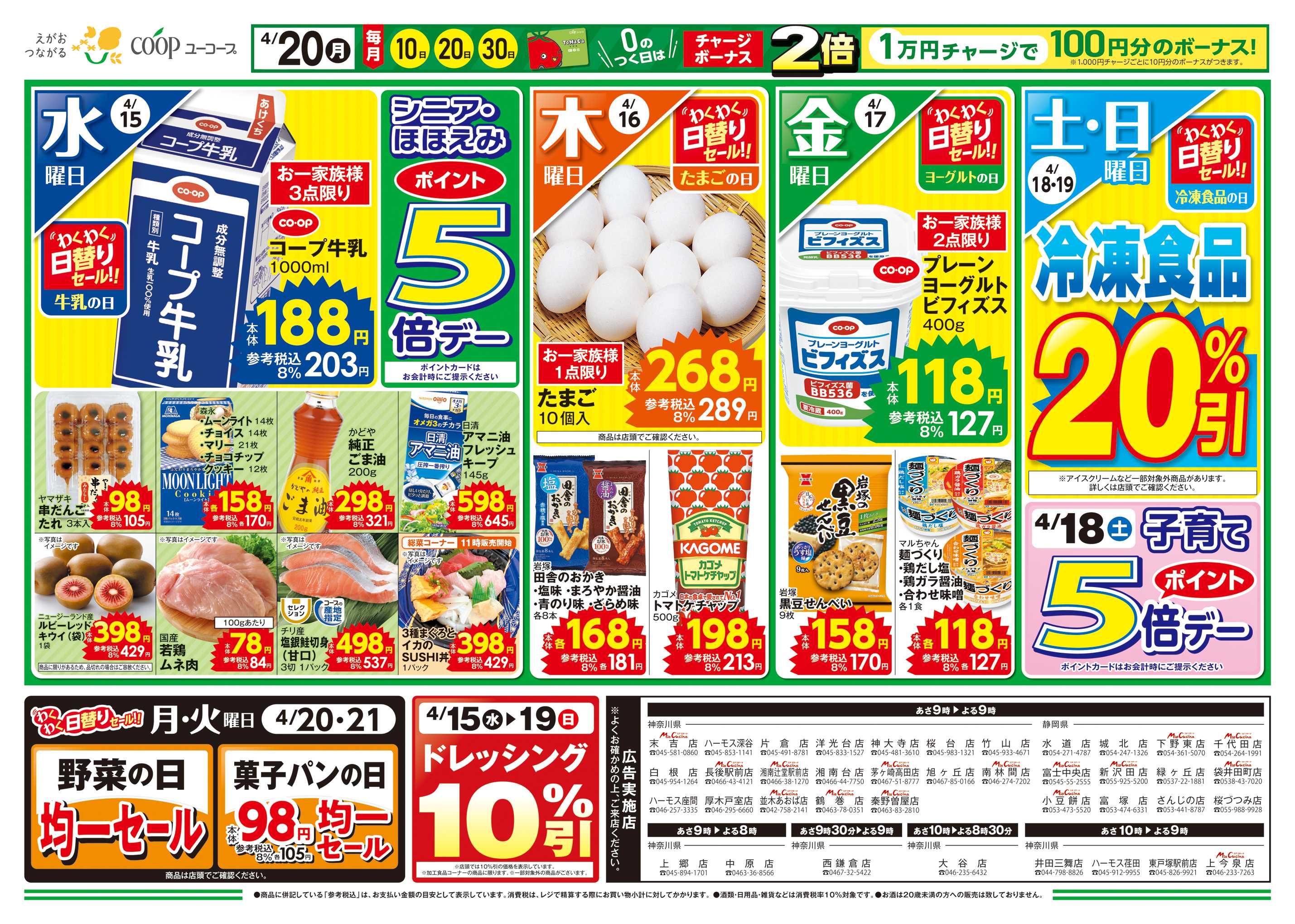 ユーコープ 4/15（水）～4/19（日）ドレッシング１０％引　わくわく日替りセール　シニア・ほほえみポイント5倍デー　子育てポイント5倍デー　０のつく日はチャージボーナス2倍