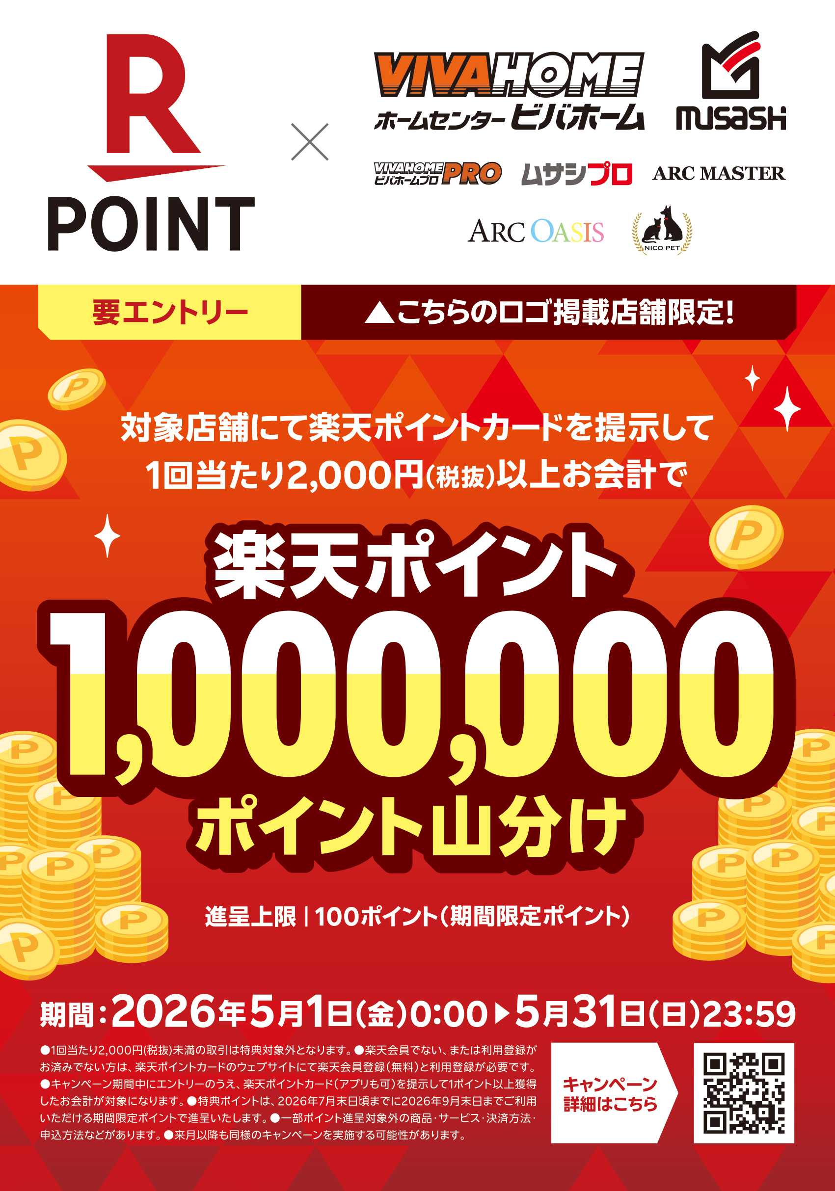 ビバホーム 【楽天ポイント】1,000,000ポイント山分けキャンペーン（進呈上限100ポイント）（2026/5/1～2026/5/31）