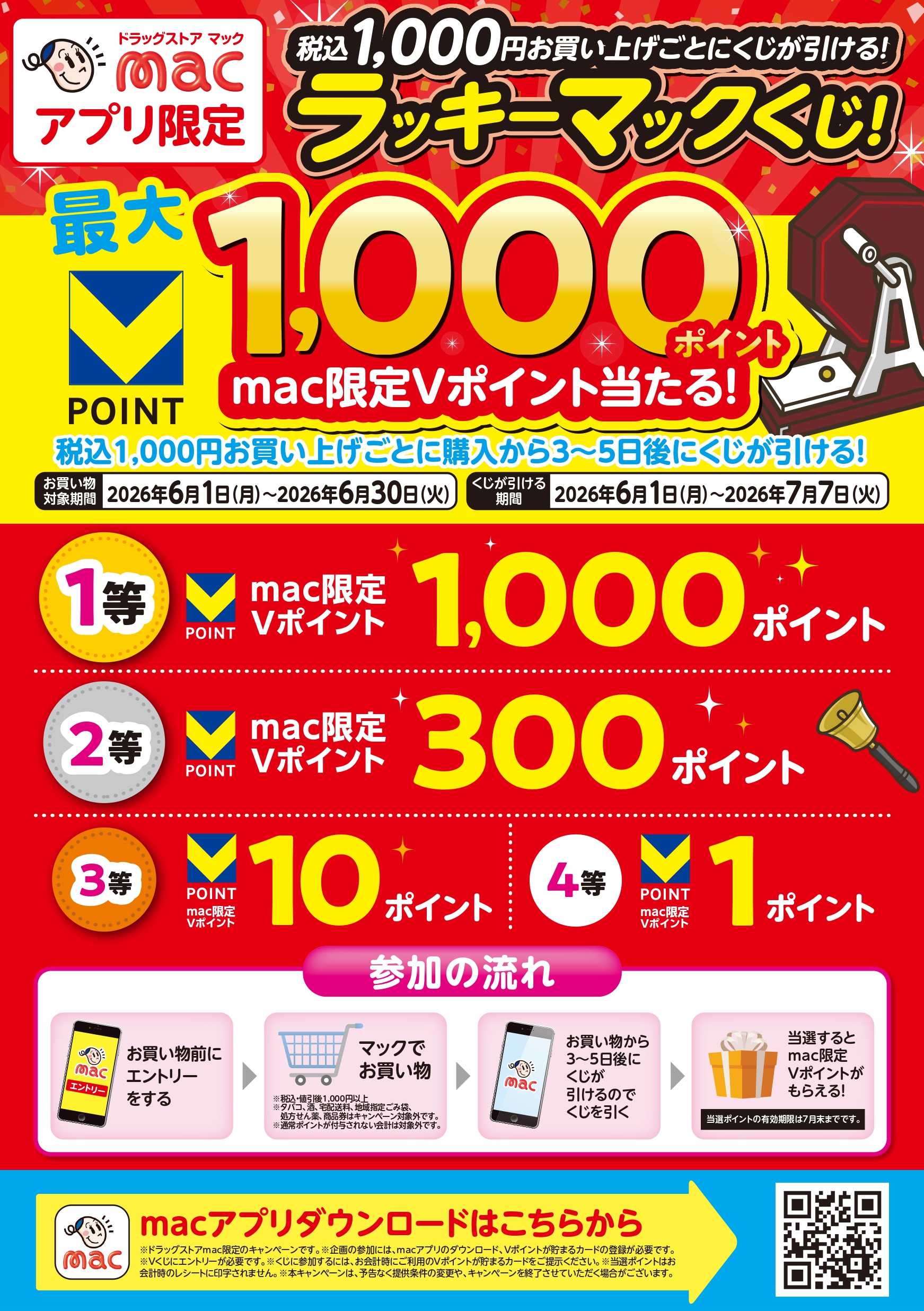 ドラッグストアmac アプリ限定！1000円毎にくじがひける！