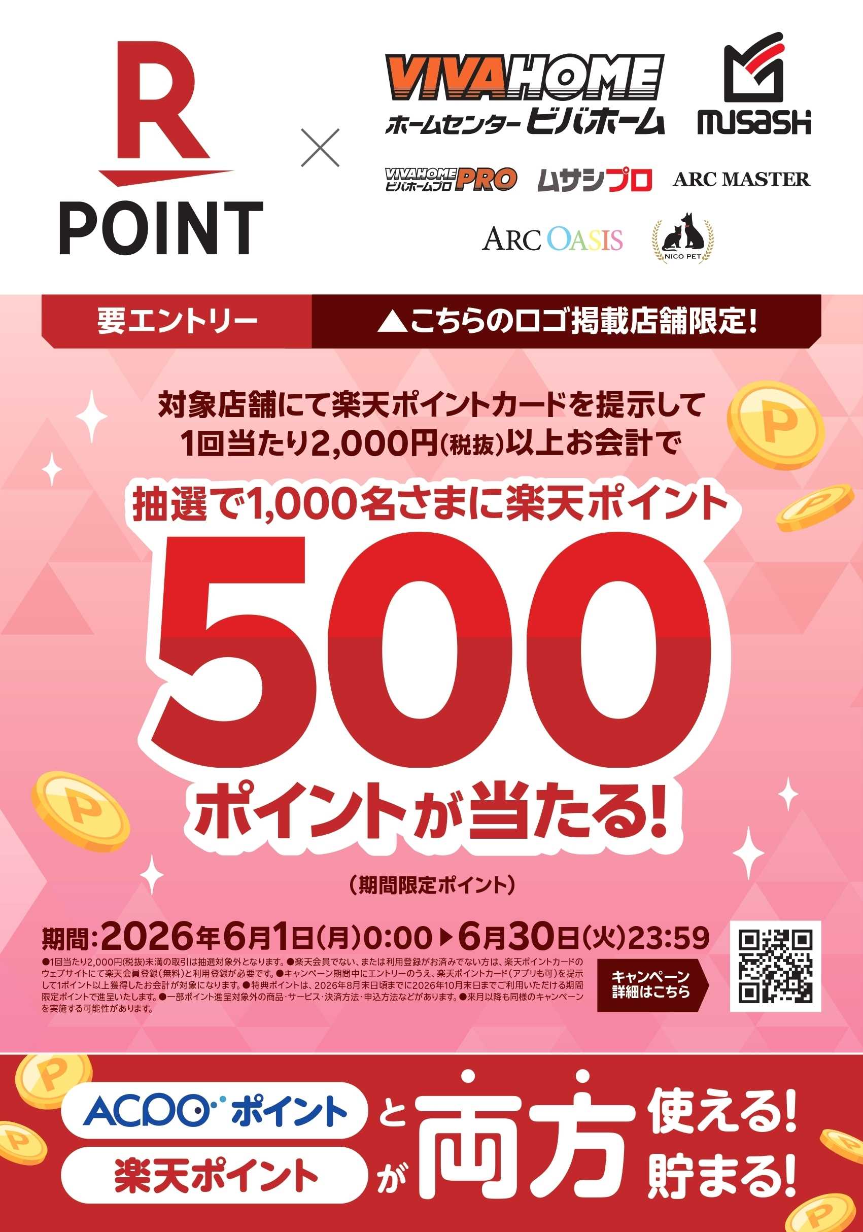 ビバホーム 【楽天ポイント】抽選で1,000名さまに楽天ポイント500ポイントが当たる！