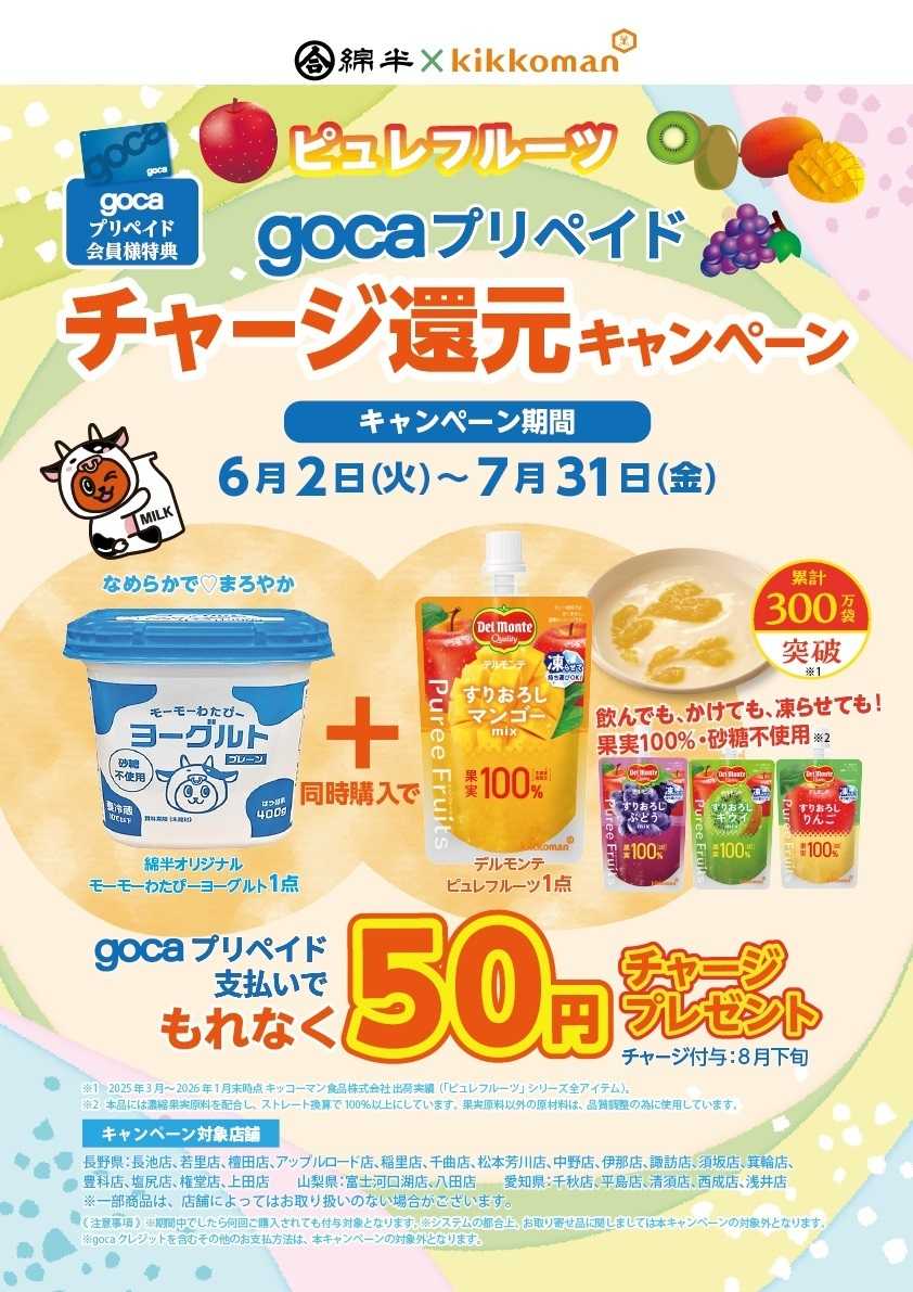 綿半スーパーセンター ピュレフルーツ gocaプリペイドチャージ還元キャンペーン
