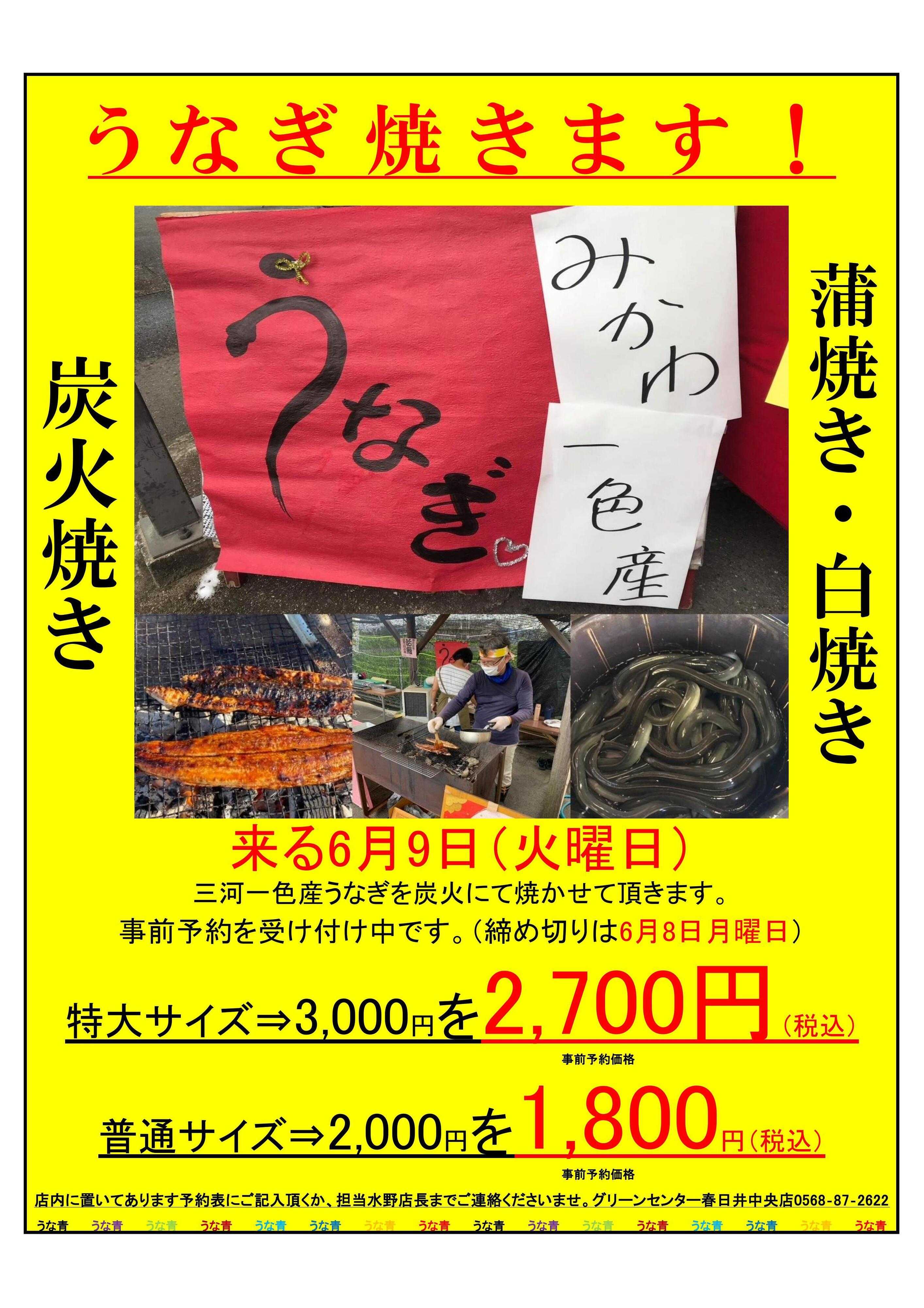 JA尾張中央 グリーンセンター春日井中央店６月９日(火)うなぎ店頭販売