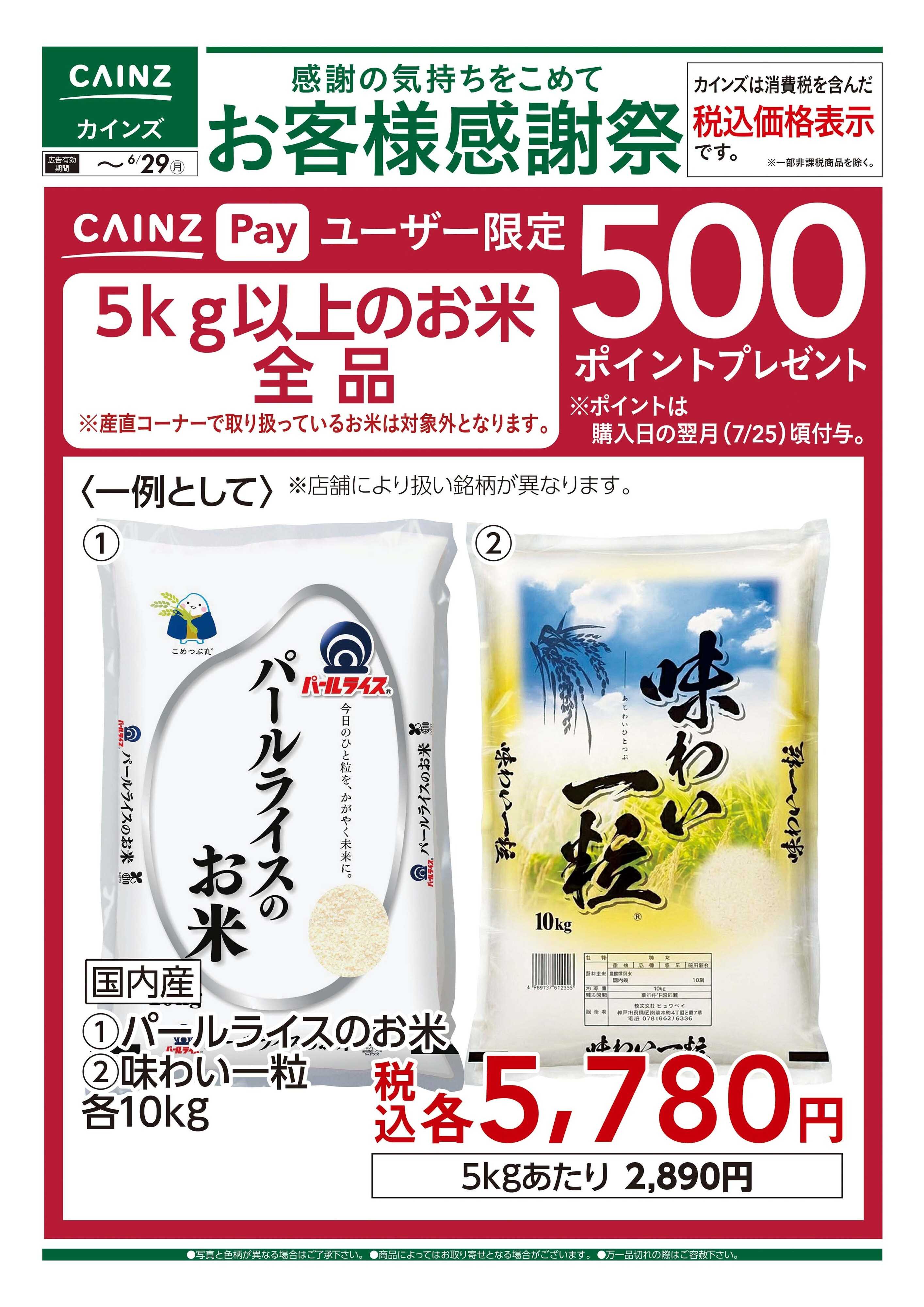 カインズ お客様感謝祭 お米500ポイントプレゼント 6/13号