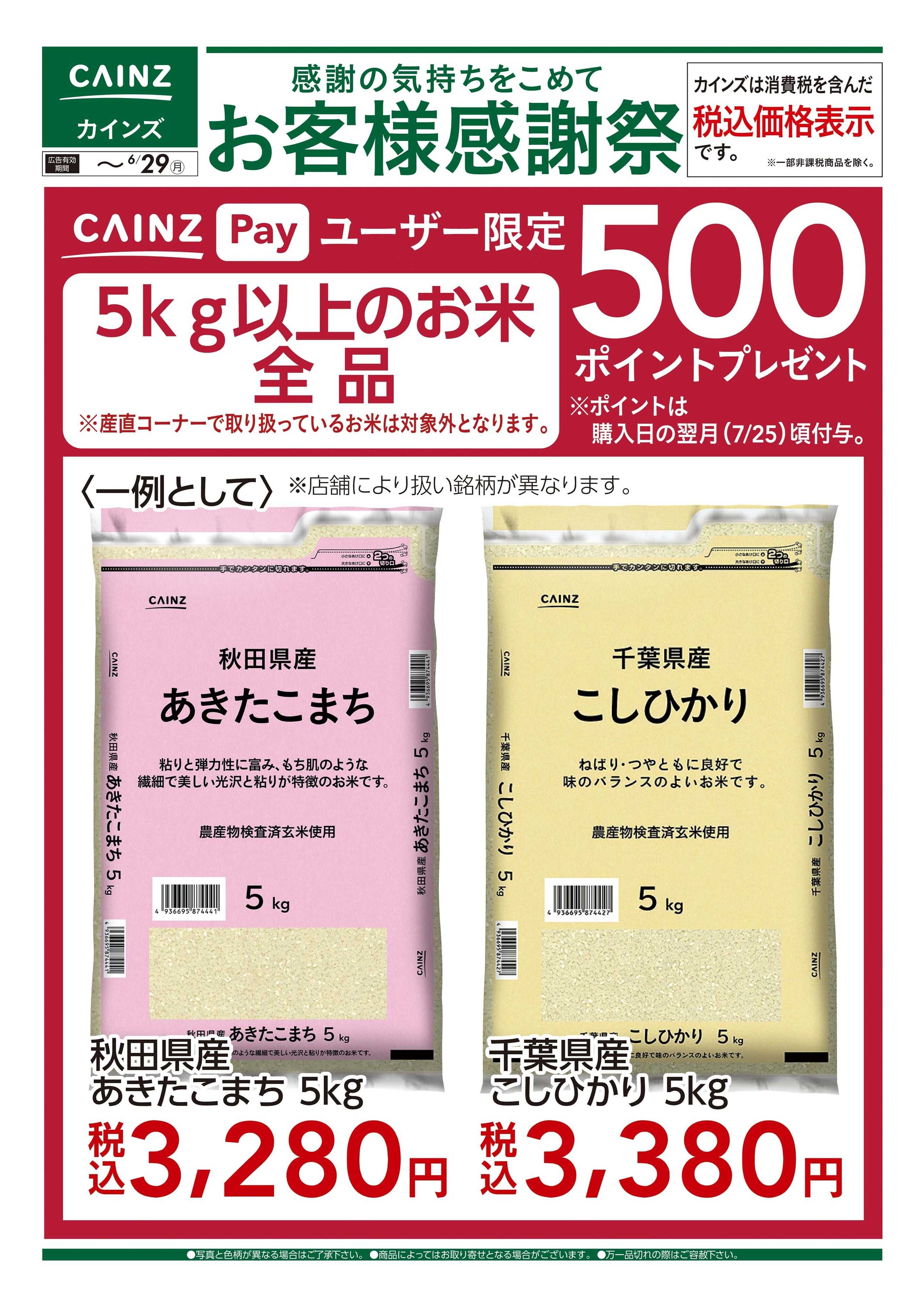 カインズ お客様感謝祭 お米500ポイントプレゼント 6/17号
