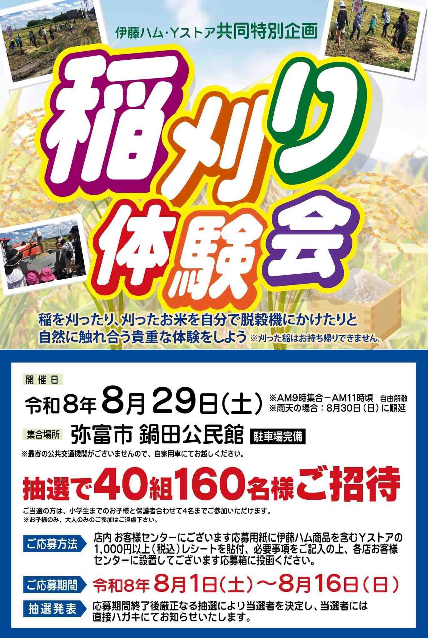ヨシヅヤ 伊藤ハム・Yストア  稲刈り体験会　抽選40組160名様招待