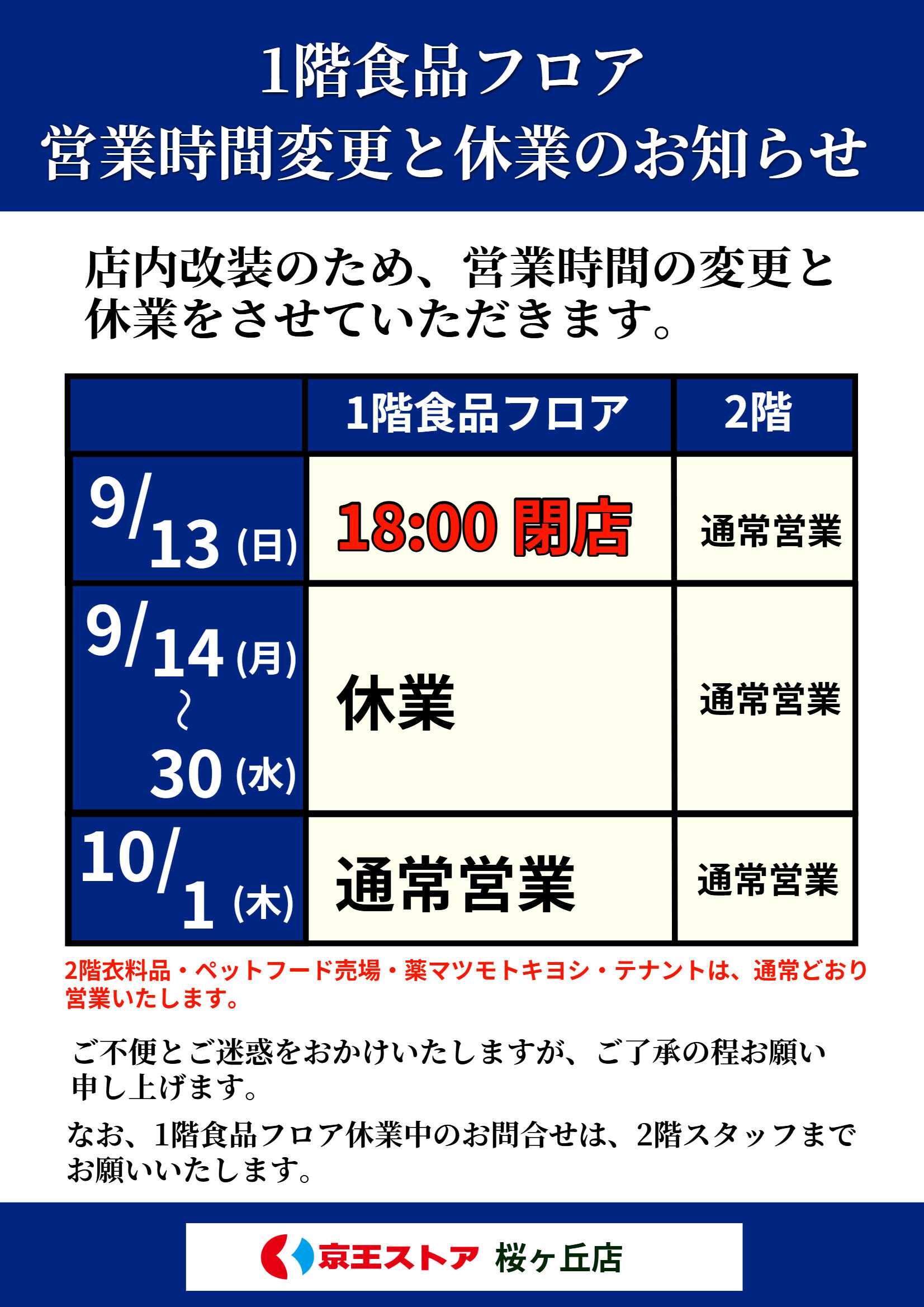 京王ストア 1階食品フロア営業時間変更と休業のお知らせ