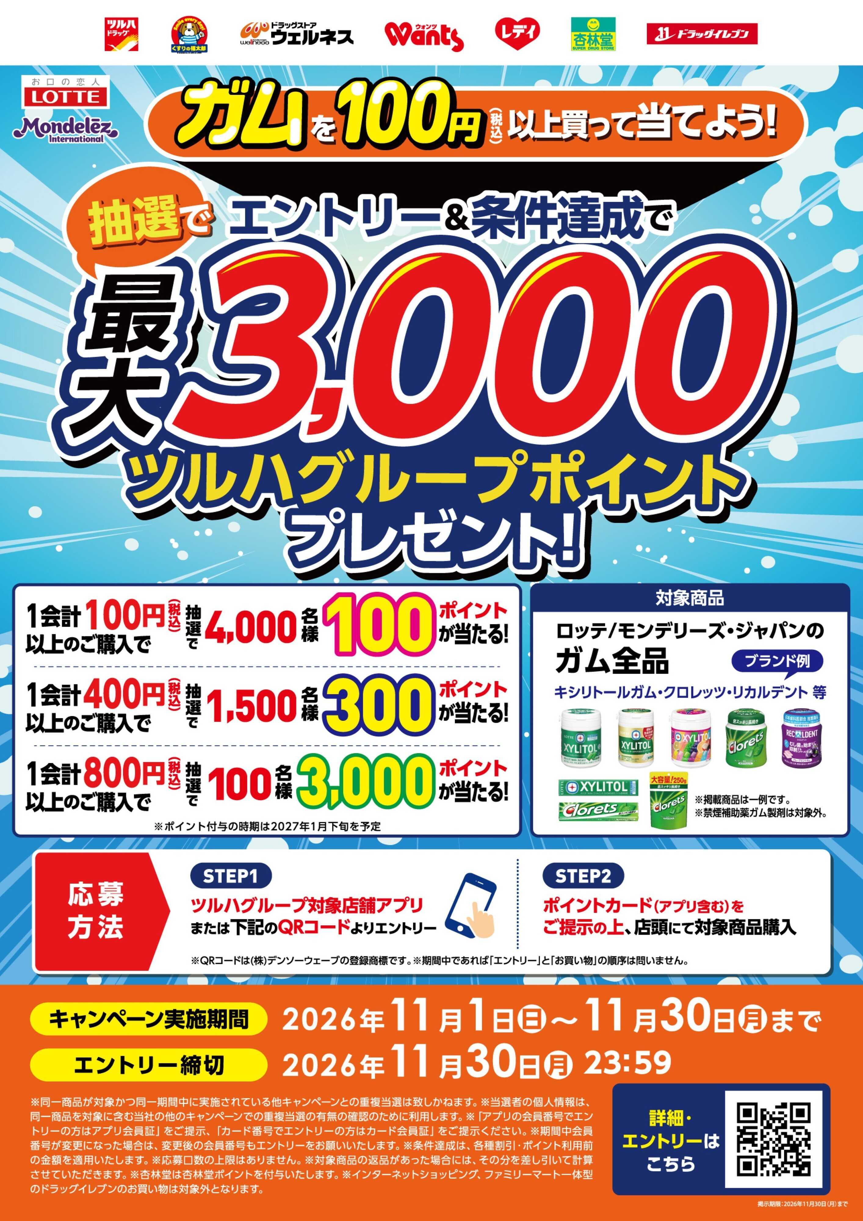 くすりの福太郎 最大3,000ツルハグループポイントプレゼント！ガムを100円以上買って当てよう！