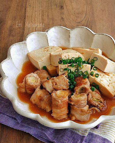 豚巻きねぎの肉豆腐【味噌風味】﻿