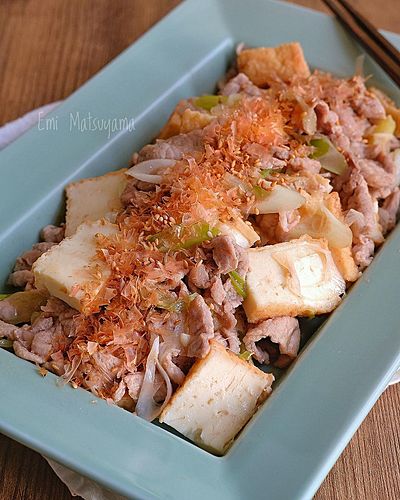 豚こまと絹厚揚げの梅マヨねぎ炒め﻿