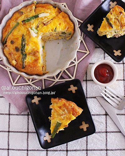 パイ生地不要で混ぜて焼くだけ♡アスパラとたけのこのキッシュ