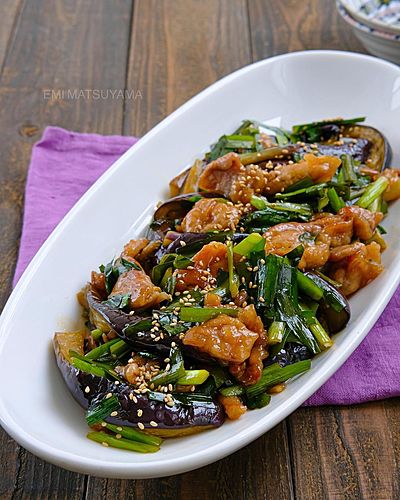 豚こまとなすとニラのさっぱりコク旨炒め ⁡