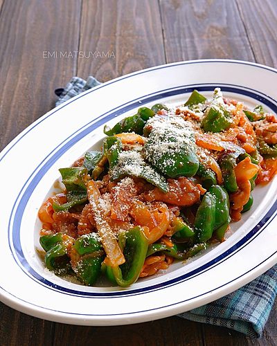 ピーマンと豚こまのナポリタン風炒め