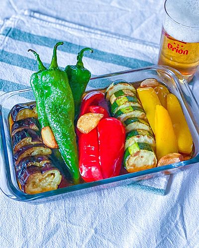 パンチの効いた夏野菜のスタミナ揚げ浸し