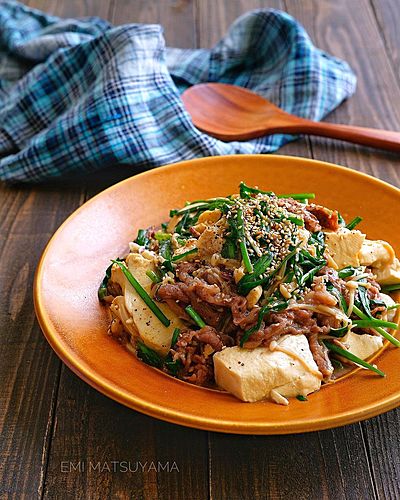 豆腐と牛こまの甘辛バター炒め﻿