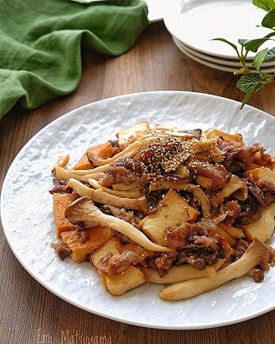 牛こまと絹厚揚げとエリンギのオイぽん旨炒め﻿