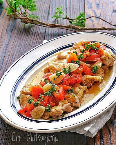 レンジで簡単！ガーリックトマトチキン﻿